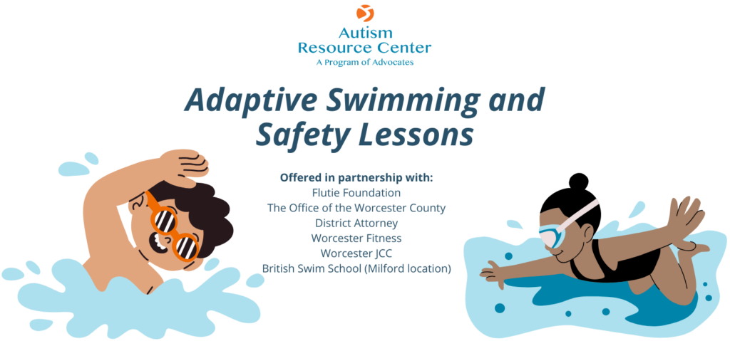 This is the header image for the Adaptive Swimming lessons page. It says "Adaptive Swimming and Safety Lessons: Offered in Partnership with Flutie Foundation, The Office of the Worcester County District Attorney, Worcester Fitness, Worcester JCC, British Swim School (Milford location). The Autism Resource Center logo is on top of the text.